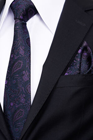 Esgue 8 Cm Klasik Geniş Hand Made Lacivert - Mor Şal Desen Mendilli Kravat