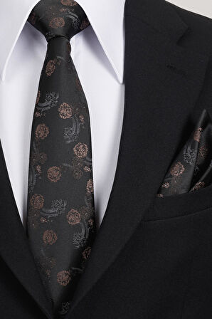 Esgue 8 Cm Klasik Geniş Hand Made Siyah - Kahverengi Çiçek Desen Mendilli Kravat