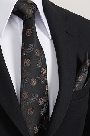 Esgue 8 Cm Klasik Geniş Hand Made Siyah - Kahverengi Çiçek Desen Mendilli Kravat