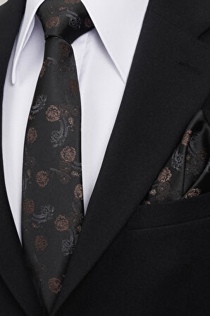 Esgue 8 Cm Klasik Geniş Hand Made Siyah - Kahverengi Çiçek Desen Mendilli Kravat