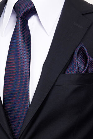 Esgue 8 Cm Klasik Geniş Hand Made Lacivert - Bordo Nokta Desen Mendilli Kravat