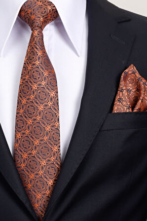 Esgue 8 Cm Klasik Geniş Hand Made Kiremit - Lacivert Motif Desen Mendilli Kravat