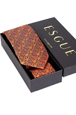 Esgue 8 Cm Klasik Geniş Hand Made Kiremit - Lacivert Motif Desen Mendilli Kravat