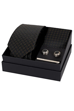 Esgue 8 Cm Hand Made Siyah Gold Desen Kravat Mendil & Kol Düğmesi & Kravat Maşası Hediye Seti HSET:107