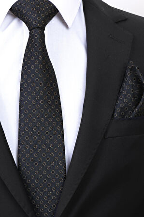 Esgue 8 Cm Hand Made Siyah Gold Desen Kravat Mendil & Kol Düğmesi & Kravat Maşası Hediye Seti HSET:107