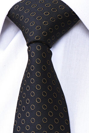 Esgue 8 Cm Hand Made Siyah Gold Desen Kravat Mendil & Kol Düğmesi & Kravat Maşası Hediye Seti HSET:107