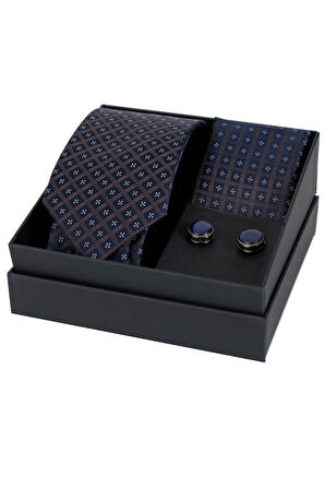 Esgue 8 Cm Hand Made Lacivert Kahverengi Desenli Kravat Mendil & Kol Düğmesi Hediye Seti HSET:117