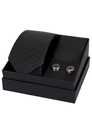 Esgue 8 Cm Hand Made Siyah Beyaz Nokta Desenli Kravat Mendil & Yuvarlak Kol Düğmesi Hediye Seti HSET:125