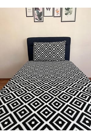 Fitted Lastikli Çarşaf Takımı (YASTIKLI) Tek Kişilik Çift Kişilik Black White Geometrik Desen