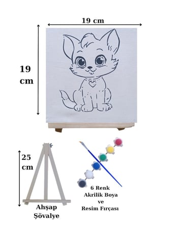 Çocuklar İçin Tuval Boyama Seti Sevimli Kedi 19x19 Cm (Tuval, Şövale, Fırça ve 6 Renk Akrilik Boya Seti)