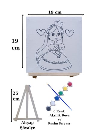 Tuval Boyama Seti Prenses Model 19x19 Cm (Tuval, Şövale, Fırça ve 6 Renk Akrilik Boya Seti)