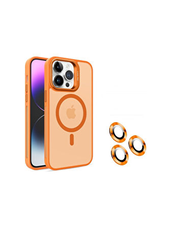 İPHONE 15 PRO MAX UYUMLU MAGSAFE ÖZELLİK SERT KAPAK STANDLI LENS KORUMA HEDİYELİ TURUNCU