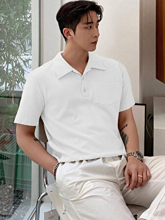 Erkek Oversize Polo Yaka  Waffle T-Shirt  POLOYAKA-DÜĞMELİ