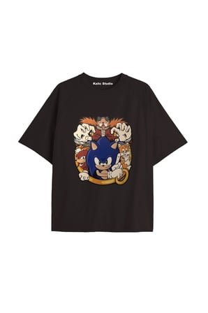 UNİSEX Bay Sonic Desenli Siyah Yazlık T-shirt