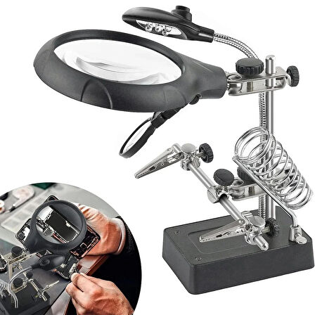 MG16129 Çok Fonksiyonlu Işıklı Büyüteç – Lehim Tamir Standı, 5 LED ’li, 2.5x / 7.5x / 10X Zoom