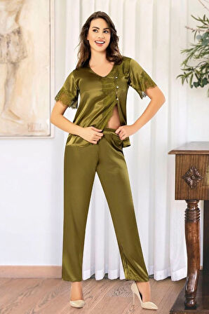 Saten Dantel Detaylı Pijama Takımı 4R1O1Z0E LHTL.aki Yeşili