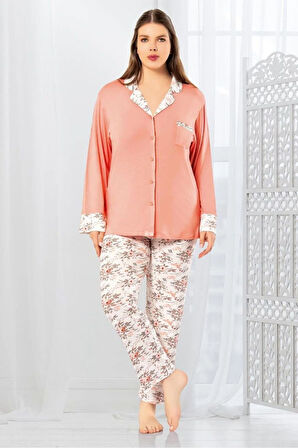 Çiçek Desenli Önü Düğmeli Battal Pijama Takımı Somon 8R8O0Z3EL.T.