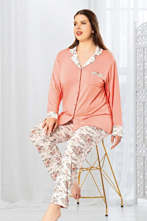 Çiçek Desenli Önü Düğmeli Battal Pijama Takımı Somon 8R8O0Z3EL.T.