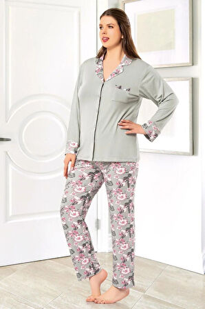 Çiçek Desenli Önü Düğmeli Battal Pijama Takımı Gri 8R.8O.0Z.2E.LT.
