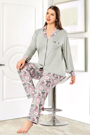 Çiçek Desenli Önü Düğmeli Battal Pijama Takımı Gri 8R.8O.0Z.2E.LT.