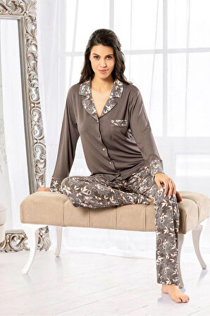 Çiçek Desenli Önü Düğmeli Pijama Takımı Gri 8R.6O.0Z.3L.T.