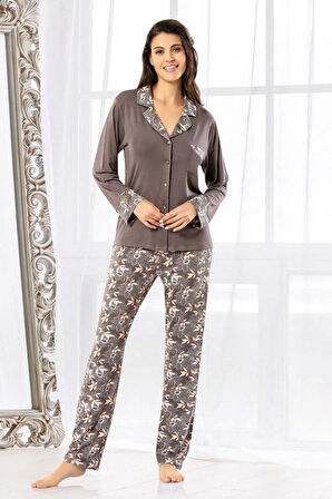 Çiçek Desenli Önü Düğmeli Pijama Takımı Gri 8R.6O.0Z.3L.T.
