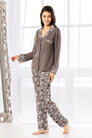 Çiçek Desenli Önü Düğmeli Pijama Takımı Gri 8R.6O.0Z.3L.T.