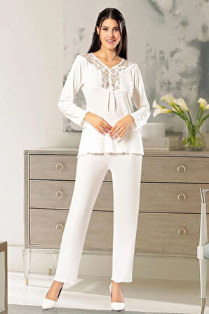 Dantel Detaylı Pijama Takımı Ekru 8R.6O.1Z.1L.T.
