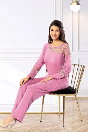 Dantel Detaylı Pijama Takımı Gül Kurusu 8R.6O.1Z.7L.T.