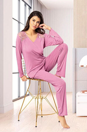 Dantel Detaylı Pijama Takımı Gül Kurusu 8R6.O.1Z.L0.T.