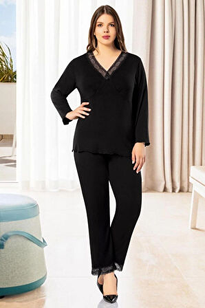 Dantel Detaylı Battal Pijama Takımı Siyah 8R.8O.1Z.3L.T.