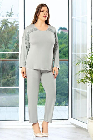 Dantel Detaylı Battal Pijama Takımı Gri 8R8.O.1Z.0L.T.