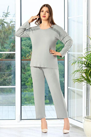 Dantel Detaylı Battal Pijama Takımı Gri 8R8.O.1Z.0L.T.