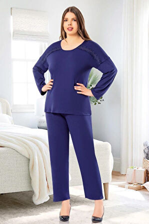 Dantel Detaylı Battal Pijama Takımı Lacivert 8R.8O.Z.0E.9LT.