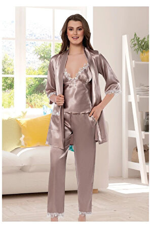 Saten Dantel Detaylı Sabahlık'lı 3 Lü Pijama Takım 4R9.O.0Z.4E. L. VİZON