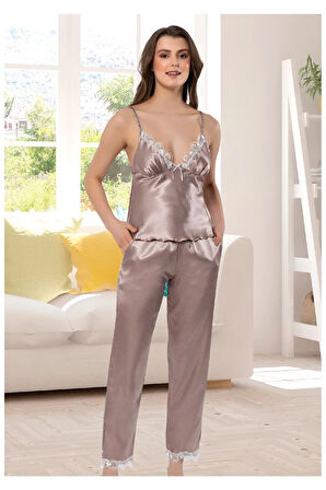 Saten Dantel Detaylı Sabahlık'lı 3 Lü Pijama Takım 4R9.O.0Z.4E. L. VİZON
