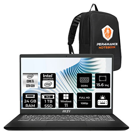 MSI Modern 15 H i5 13420H 24GB 1TB SSD 15.6" FHD W11H Taşınabilir Bilgisayar & ÇANTA