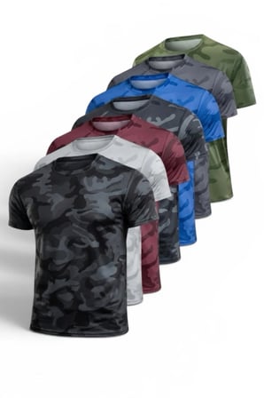 7'li Erkek Nem Emici Hızlı Kuruma Atletik Teknik Kamuflaj Desenli Spor T-shirt Siyah-Lacivert-Füme-haki-Gri-Bordo-Mavi