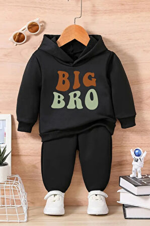 Erkek Çocuk Big Bro Baskılı Detaylı Gri Kapüşonlu Eşofman Takımı