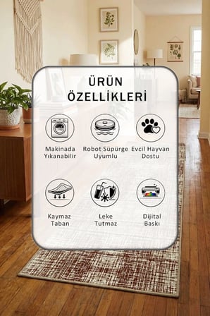 Girdap Krem Kahve Yıkanabilir Kaymaz Taban Dijital Baskılı Yolluk Halı