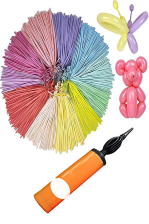 Sosis Balon 90 Adet Karışık Renk Uzun İnce Balon + 1 Adet Balon Pompası