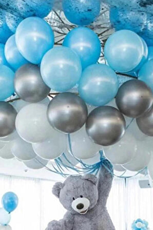 30 Adet Metalik Açık Mavi - Beyaz - Gümüş Gri Helyumla Uçabilen Balon Parlak Sedefli