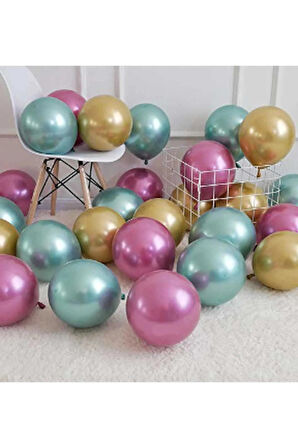 10 Adet Krom Parlak Metalik Yeşil-pembe-gold Renk Balon