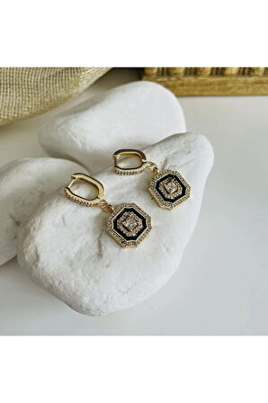 Siyah Mineli Gold Renkli Kare Küpe