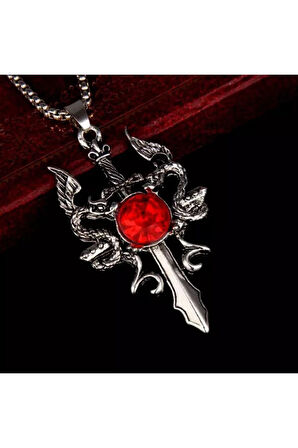 Kırmızı Taşlı Emerald Talisman Sword Kolye Hediyelik Şık Aksesuar Takı
