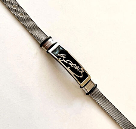 Kemal ATATÜRK İmzalı Silver&Siyah Kemer Kordonlu 1. Sınıf Çelik Bileklik 23 cm
