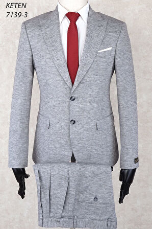 Keten Pileli Pantolon  Slim Fit Sivri  Yaka-Çift Yırtmaç Fileli Astar Drop 6  Takım Elbise