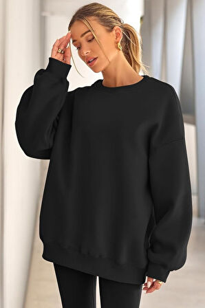 Genıus Store Kadın Sweatshirt Oversize Geniş Kalıp İçi Şardonlu Bisiklet Yaka Oversize Sweatshirt KADIN-SWEATSHIRT