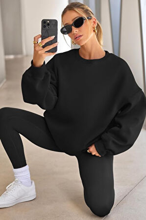 Genıus Store Kadın Sweatshirt Oversize Geniş Kalıp İçi Şardonlu Bisiklet Yaka Oversize Sweatshirt KADIN-SWEATSHIRT