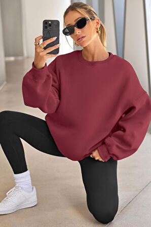 Genıus Store Kadın Sweatshirt Oversize Geniş Kalıp İçi Şardonlu Bisiklet Yaka Oversize Sweatshirt KADIN-SWEATSHIRT